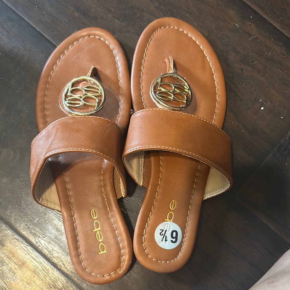 Bebe Tan Sandals with Metallic Logo